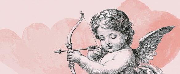 Fototapeta premium Romantic Valentine’s Day scene featuring a delicate cherub with bow and arrow on a pastel backdrop.