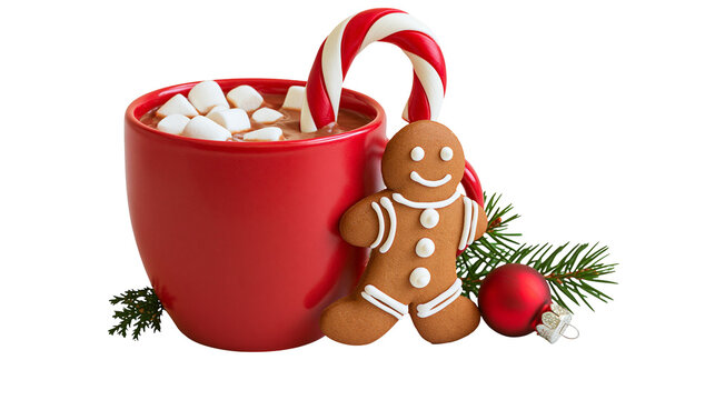Red mug of hot chocolate with marshmallows candy cane gingerbread man, pine branch and ornament