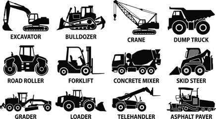 Heavy Construction Machinery and Commercial Building Vehicles Black Silhouette Vector Icons Setconstruction, machinery, vehicles, heavy equipment, industrial, commercial, building, engineering, silhou © Nurjahan