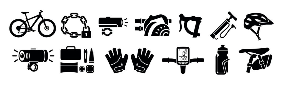 Bicycle accessories and cycling equipment icons collection illustrating various items needed for bike maintenance, safety, and performance.