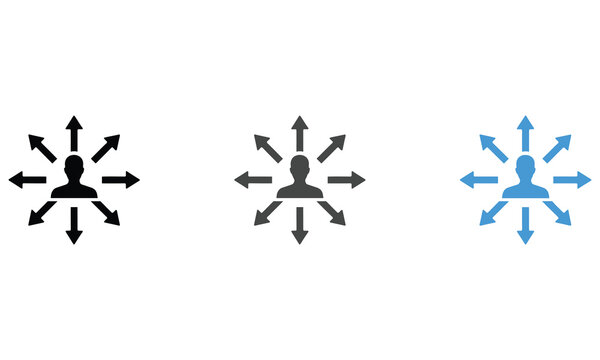 Three of a person silhouette with arrows pointing in all directions in black, dark grey, and blue on a white background