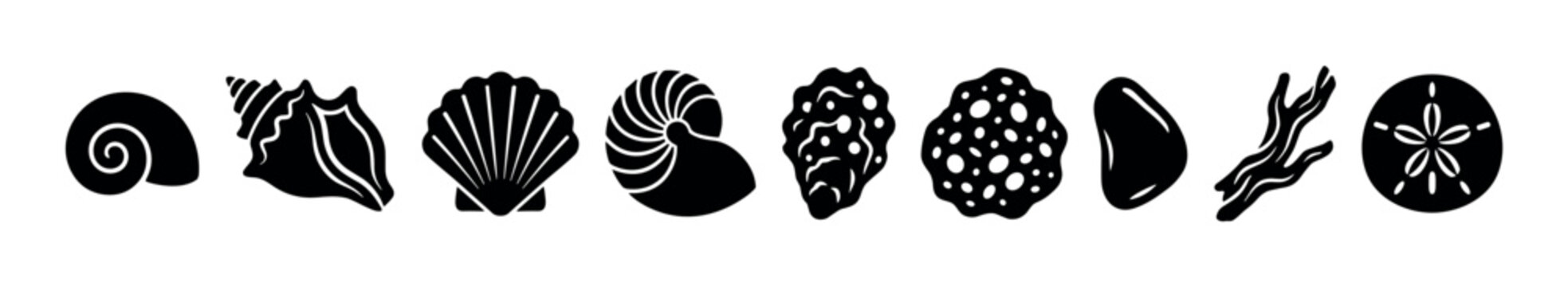 Various sea shells and marine life elements are depicted in a graphic black silhouette style, perfect for ocean-themed designs and patterns.