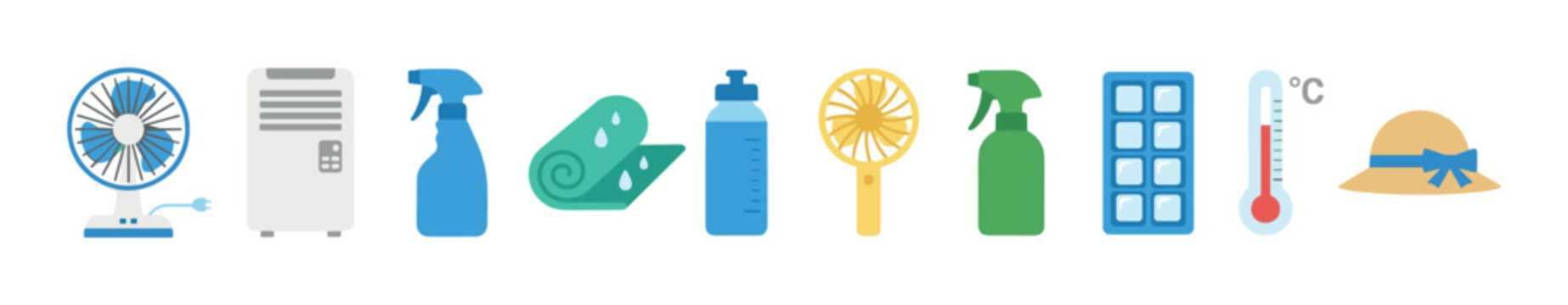 Various heatstroke prevention items and cooling products are neatly arranged in a row, illustrating essential tools for staying comfortable during hot weather.