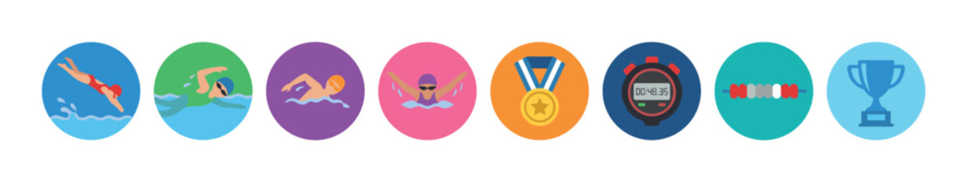 Swimming sport icons set with various related elements like divers, swimmers, medals, stopwatches, lane ropes, and trophies, representing competitive aquatic activities.