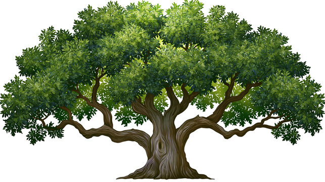 Large ancient oak tree with dense green foliage and gnarled trunk