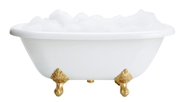 White clawfoot bathtub filled with white foam and bubbles