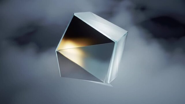 Abstract geometric glass prism floating in dark misty space
