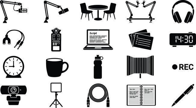 Audio Recording Equipment and Podcast Studio Black Silhouette Vector Icons Set