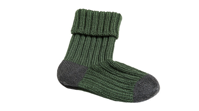 Knitted wool sock with folded cuff, green and grey