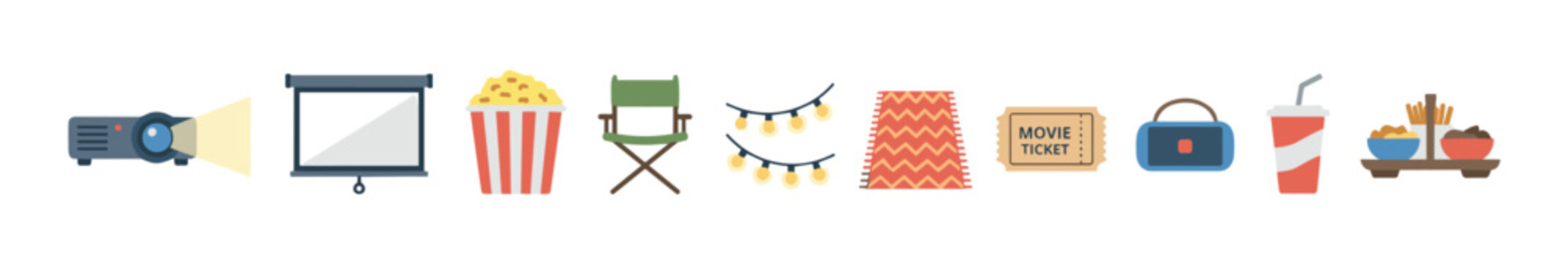 Projector, screen, popcorn, chair, lights, blanket, ticket, speaker, drink, and snacks represent a cozy outdoor cinema experience.