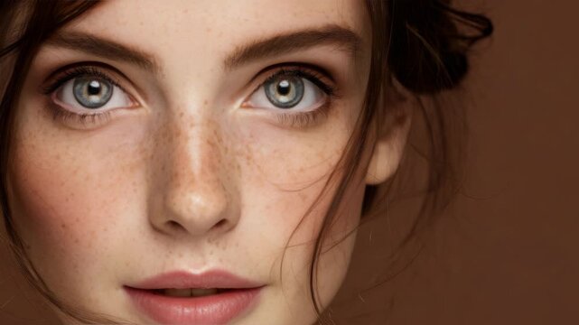 Close-up of a young woman with freckles and striking blue eyes. Her gaze is direct and inviting, with soft, natural lighting. Hair is gently pulled back, showing defined facial features