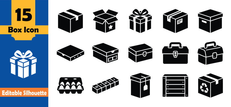 Collection of 15 editable box icons in silhouette style