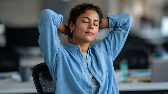 relaxed young woman taking a break stretching arms behind head with closed eyes at desk for stress relief concepts