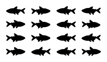 Fototapeta premium Shark Silhouettes Vector Pack, Marine Life Icons, Ocean Predator Graphics, Underwater Animal Illustrations, Black and White Aquatic Shapes