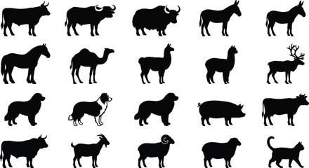 Farm Animals and Domestic Livestock Black Silhouette Vector Icons Set © Nurjahan
