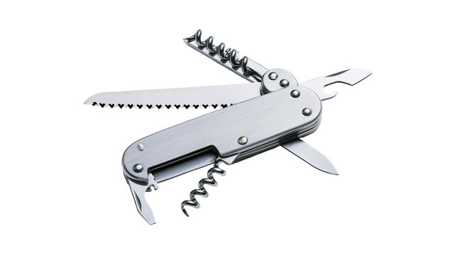 Multitool pocket knife with opened blade corkscrew bottle opener, and saw