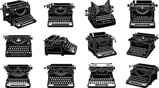 Vintage Antique Typewriters Black Silhouette Vector Icons Set
