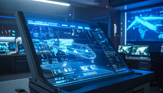 Control Room Command Center: A futuristic control room features a large holographic display showcasing a detailed 3D model of an aircraft, surrounded by monitors and advanced technology.
