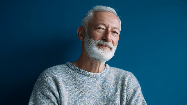 portrait of a distinguished older man with long gray beard and hair looking away against a calm blue studio background
