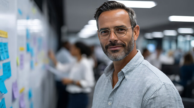 mature bearded businessman wearing glasses standing in a modern office looking thoughtfully for corporate and leadership concepts