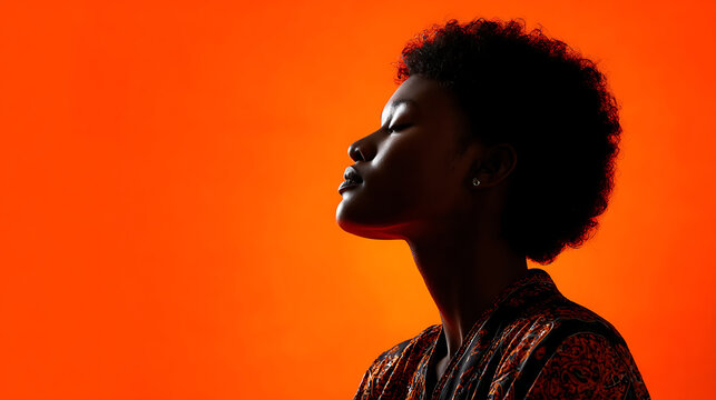dramatic portrait of woman in silhouette showing natural afro hair against bold orange backdrop