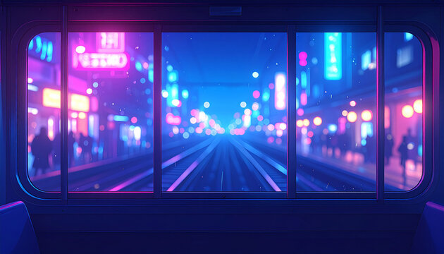 Nostalgic retro anime view of city skyline at sunset through a train window