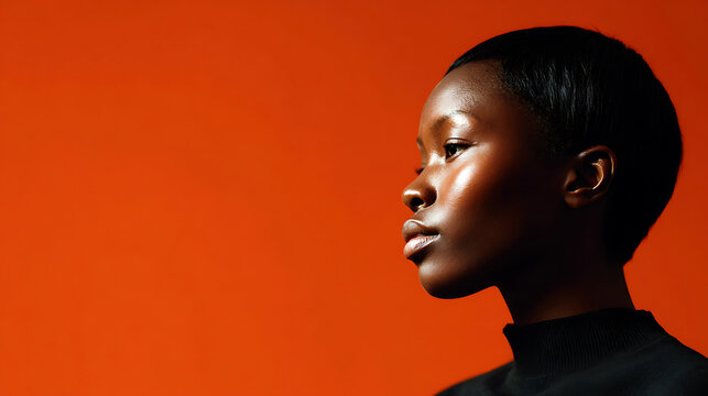 silhouette of african american woman with afro hair profile view against vibrant orange background 