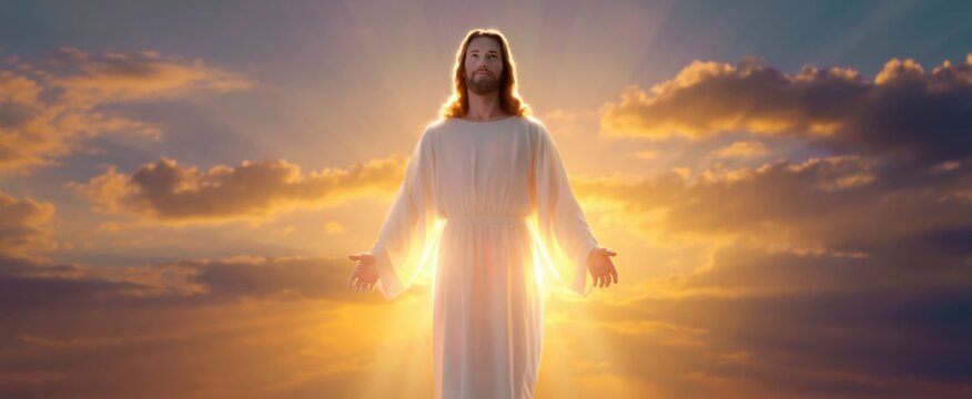 The risen Jesus Christ ascending into a radiant sunset sky with golden clouds, symbolizing divine presence, heaven, and the promise of the Second Coming.
