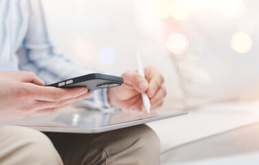 Fototapeta premium Person using Smartphone, Laptop for Email Communication, Business Productivity, Online Workflow.Mobile Connectivity,Digital Communication,Remote Work, Secure Information Access in Modern Technology 