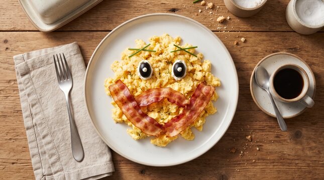 Grumpy face made of scrambled eggs and bacon strips on a breakfast plate with coffee.
