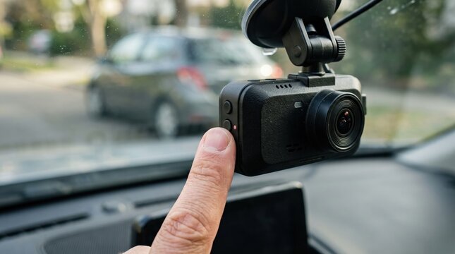 Finger turning on dashcam inside vehicle
