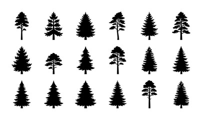 Diverse Evergreen Tree Silhouettes, Conifer Forest Icons, Pine and Fir Vector Graphics for Nature and Woodland Designs © Orpita