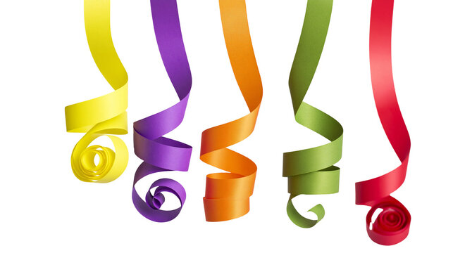 Curling party streamers in yellow purple orange green, and red