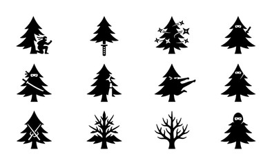 Obraz premium Ninja Christmas Tree Icons Set, Festive Winter Forest Silhouette Collection, Holiday Graphic Elements for Seasonal Design