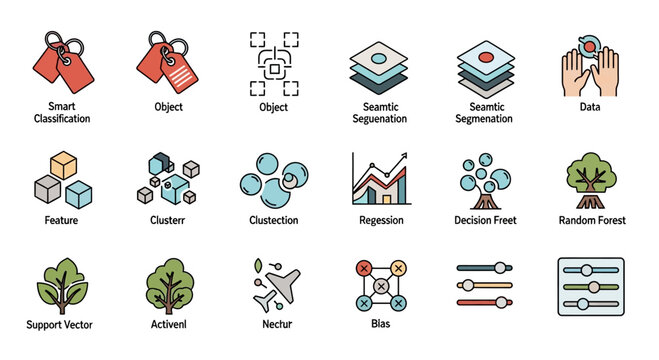 Machine Learning Icons Set: AI, Data Science, Algorithms, Classification, Regression, Trees