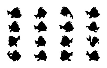 Fototapeta premium Set of 16 Black Silhouette Fish Icons, Various Poses, Simple Vector Graphics for Marine Life and Aquatic Themes