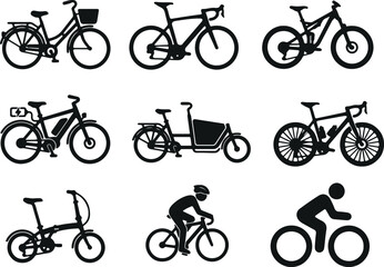 Obraz premium Modern Bicycle Icons Collection – City, Road, Mountain, Electric and Cargo Bike Vector Set 