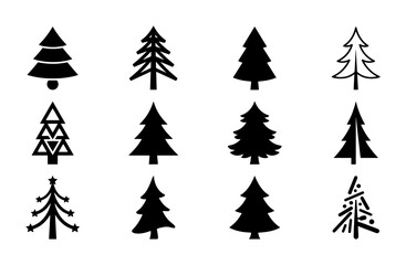 Obraz premium Set of 12 Minimalist Christmas Tree Icons, Simple Vector Graphics for Holiday Design, Festive Evergreen Silhouettes