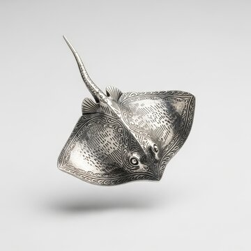 Top-Down View of a Silver Stingray Ornament on Transparent Background
