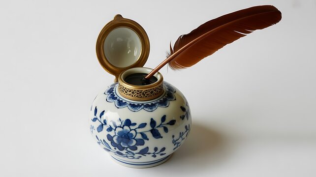 Traditional ceramic inkwell with feather quill and ink on white background