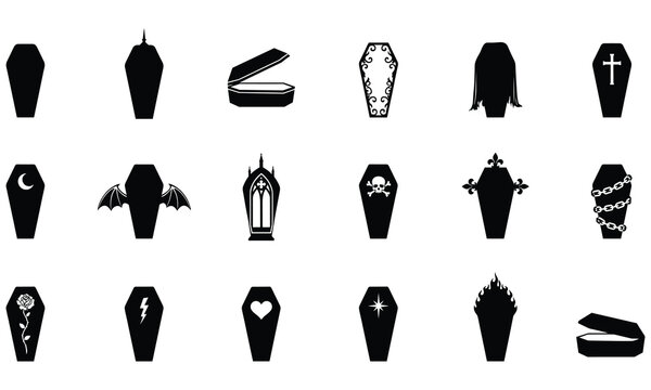 Variety of coffin and casket silhouettes with decorative like crosses, chains, roses, and wings, isolated on a white background set