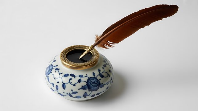 Traditional ceramic inkwell with feather quill and ink on white background