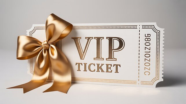 Elegant vip ticket with golden ribbon and luxury invitation concept on white background