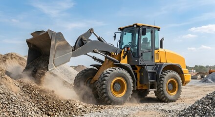 Fototapeta premium Heavy Wheel Loader Moving Gravel at Construction Site Under Blue Sky