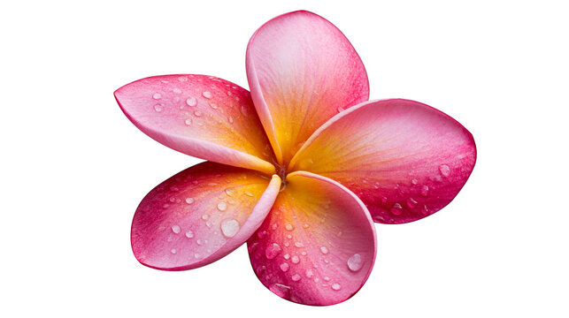 Pink and yellow plumeria flower with water drops
