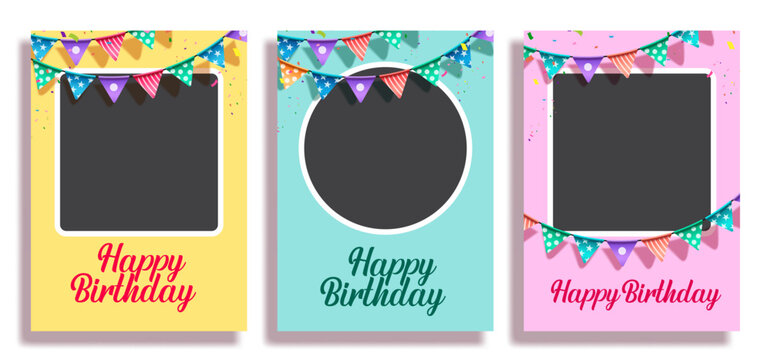 Happy birthday photo frame templates with colorful bunting flags and pastel festive card design