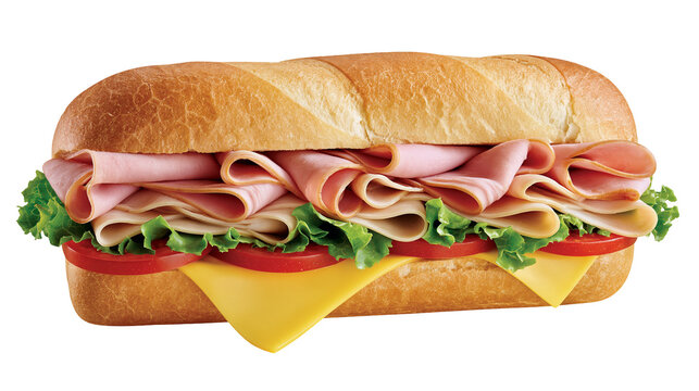 Submarine sandwich with ham cheese lettuce, and tomato