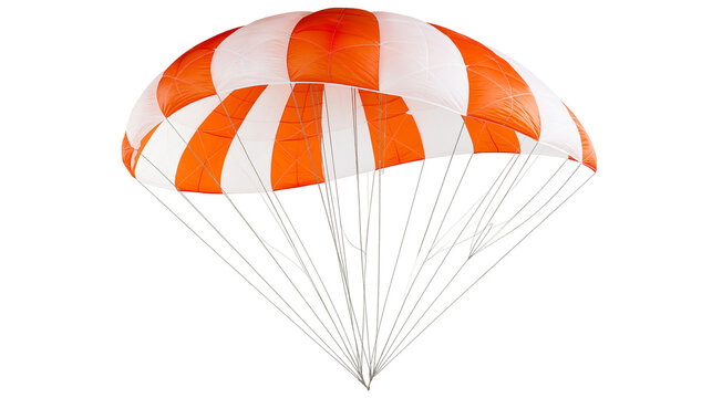 Orange and white striped parachute canopy with suspension lines