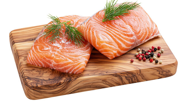 Two raw salmon fillets with dill and peppercorns on wooden board
