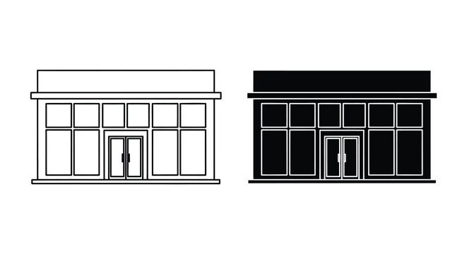 Storefront facade with large windows and double doors black and white silhouette